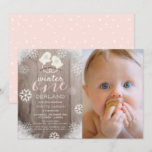 Winter Onederland Mittens Girl Rosa 1:a födelsedag Inbjudningar
