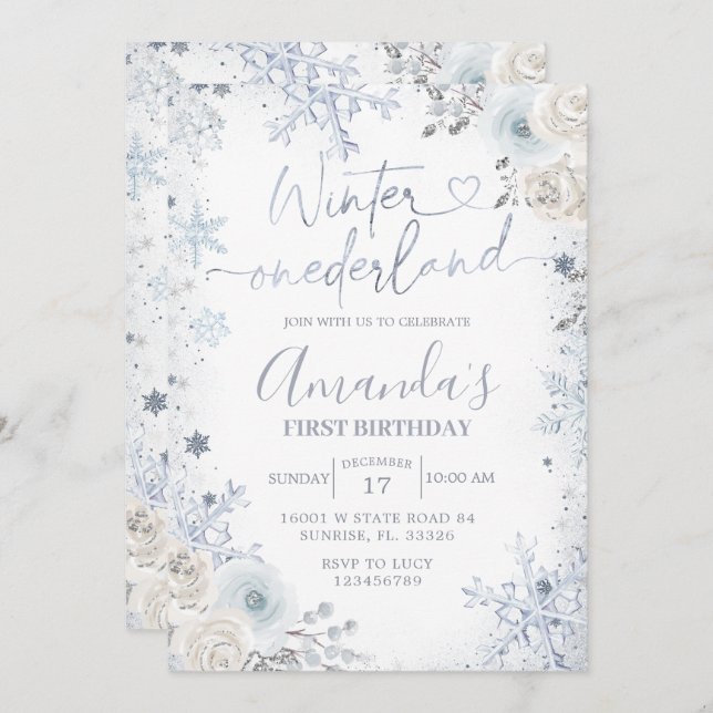 Winter Onederland Pastel Blue Snowflake Birthday Inbjudningar (Fram/baksida)