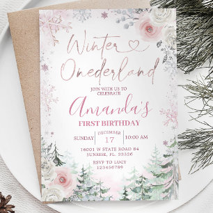 Winter Onederland Pastel Rosa Snowflake Birthday Inbjudningar
