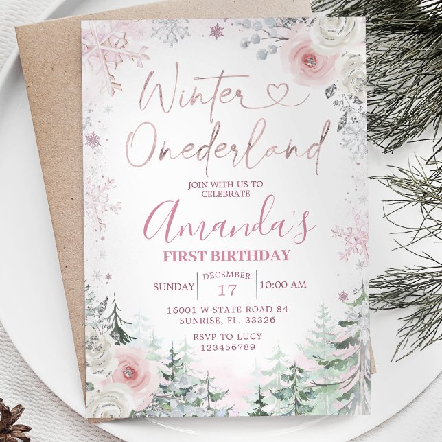 Winter Onederland Pastel Rosa Snowflake Birthday Inbjudningar (Skapare uppladdad)