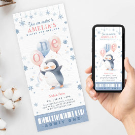 Winter Onederland Penguin 1st Birthday Biljett Pas Inbjudningar