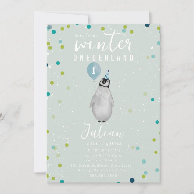 Winter Onederland Penguin Blue Balloon Birthday Inbjudningar (Framsida)