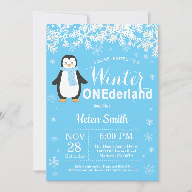 Winter Onederland Penguin Boy 1st Birthday Inbjudningar (Framsida)
