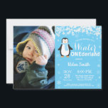 Winter Onederland Penguin Boy 1st Birthday Inbjudningar<br><div class="desc">Winter Onederland Penguin Boy 1:a födelsedagsinbjudan med anpassningsbar foto. Vit snöflummel. Boy Födelsedagsfest inbjudan. Winter Helgdag Bday. Blåbakgrund. Om du vill göra ytterligare anpassningar klickar du på knappen "Anpassa" och användor verktyg som är utformat för att ändra mallen.</div>