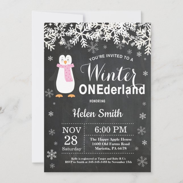 Winter Onederland Penguin Girl 1:a födelsedagen Inbjudningar (Framsida)