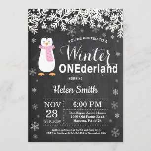 Winter Onederland Penguin Girl 1:a födelsedagen Inbjudningar