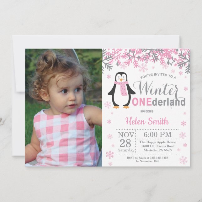 Winter Onederland Penguin Girl 1st Birthday Inbjudningar (Framsida)
