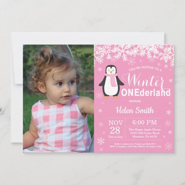 Winter Onederland Penguin Girl 1st Birthday Inbjudningar (Framsida)