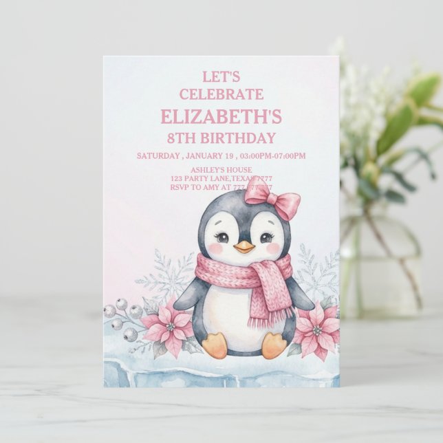 Winter Onederland Penguin Girl Birthday Inbjudningar (Stående Fram)
