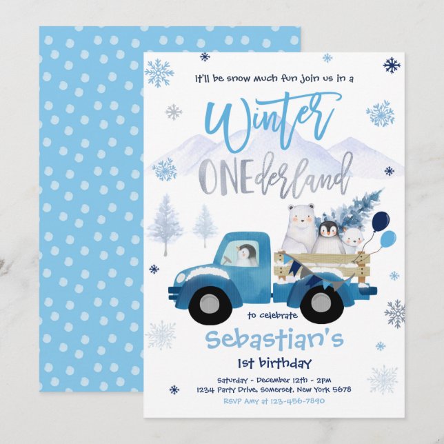 Winter ONEderland Penguin Polar Bear Birthday Inbjudningar (Fram/baksida)