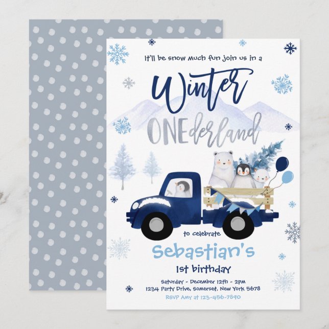 Winter ONEderland Penguin Polar Bear Birthday Inbjudningar (Fram/baksida)