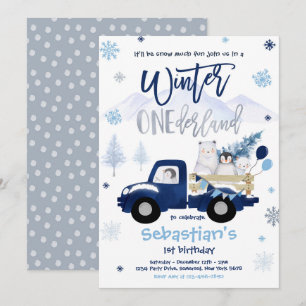 Winter ONEderland Penguin Polar Bear Birthday Inbjudningar