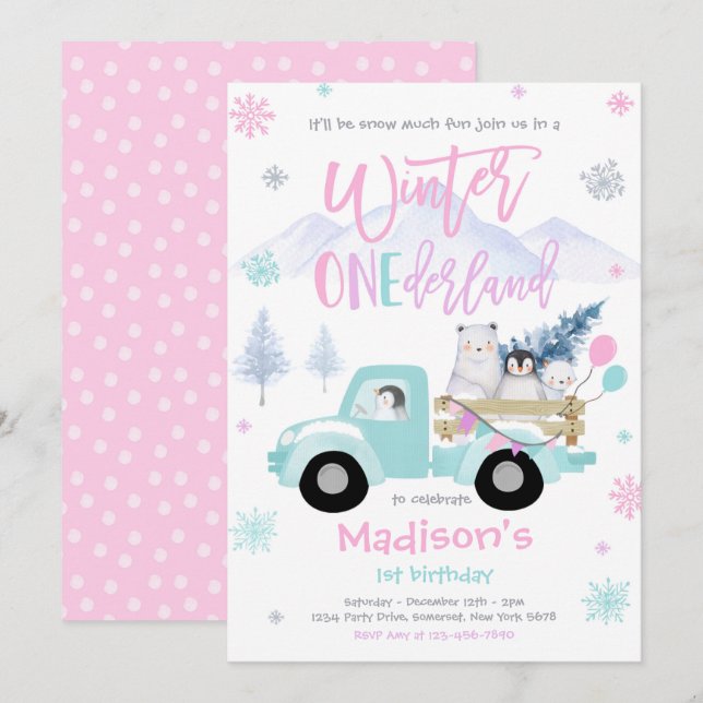 Winter ONEderland Penguin Polar Bear Birthday Inbjudningar (Fram/baksida)