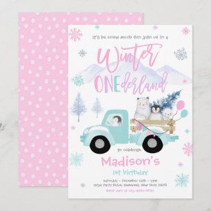 Winter ONEderland Penguin Polar Bear Birthday Inbjudningar