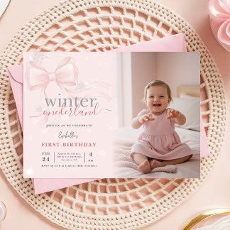 Winter ONEderland Photo Pink Bow First Birthday Inbjudningar