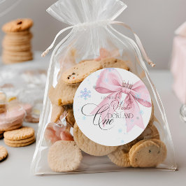 Winter ONEderland Pink Bow 1st Birthday Party Runt Klistermärke