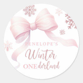 Winter Onederland Pink Bow Girl 1st Birthday Runt Klistermärke