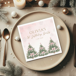 Winter Onederland Pink Bow Pine Trees 1st Birthday Pappersservett