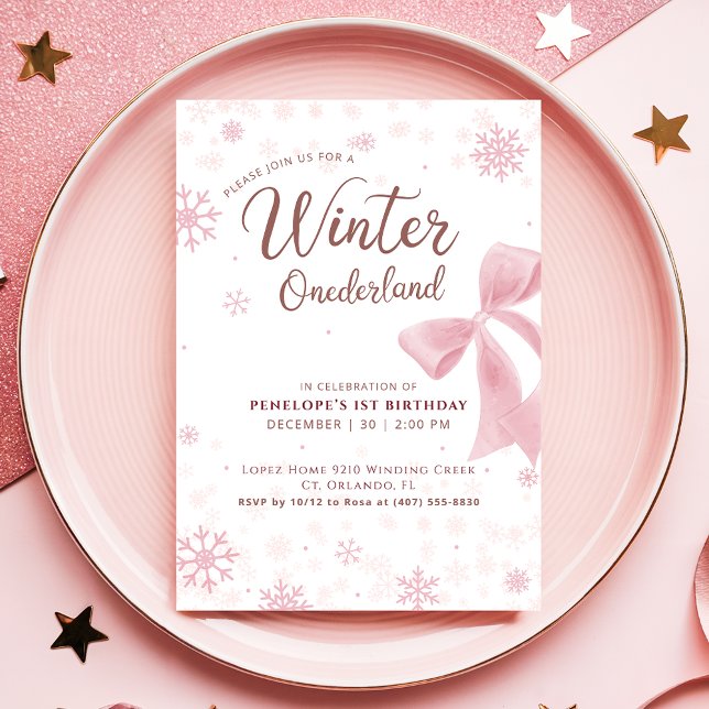 Winter Onederland Pink Snowflake Bow 1st Birthday Inbjudningar (Skapare uppladdad)