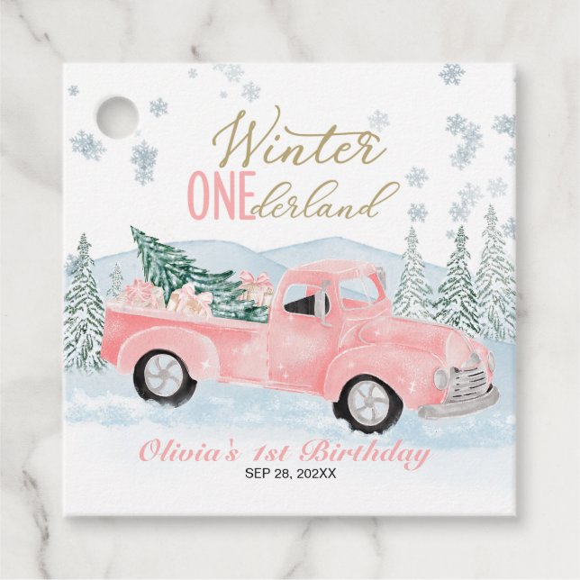 Winter Onederland Pink Truck First Birthday Gåvor Etiketter (Framsida)