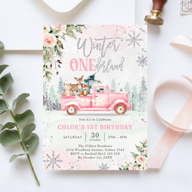 Winter ONEderland Pink Truck Girl 1st Birthday Inbjudningar (Skapare uppladdad)