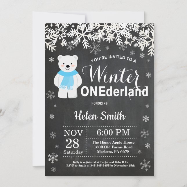 Winter Onederland Polar Bear Boy 1st Birthday Inbjudningar (Framsida)
