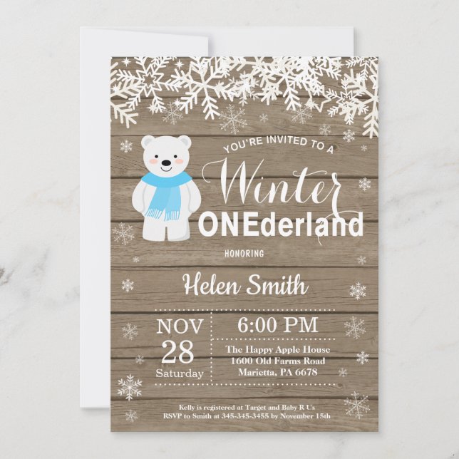 Winter Onederland Polar Bear Boy 1st Birthday Inbjudningar (Framsida)