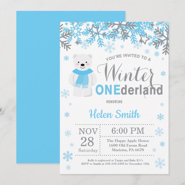 Winter Onederland Polar Bear Boy 1st Birthday Inbjudningar (Fram/baksida)