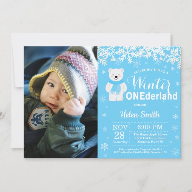 Winter Onederland Polar Bear Boy 1st Birthday Inbjudningar (Framsida)