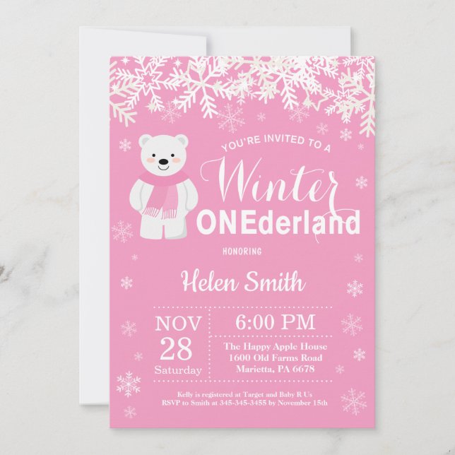 Winter Onederland Polar Bear Girl 1st Birthday Inbjudningar (Framsida)