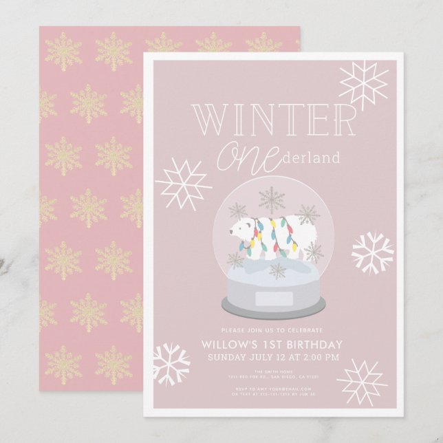 Winter Onederland Polar Bear Rosa 1:a födelsedag Inbjudningar (Fram/baksida)