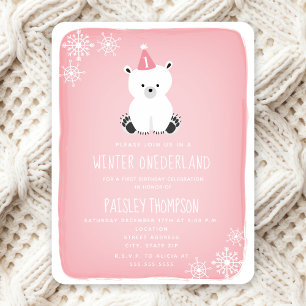 Winter Onederland Polar Bear Rosa First Birthday Inbjudningar