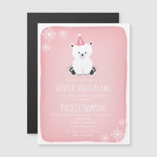 Winter Onederland Polar Bear Rosa First Birthday Magnetisk Inbjudningskort