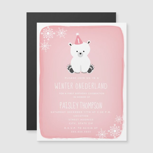 Winter Onederland Polar Bear Rosa First Birthday Magnetisk Inbjudningskort (Fram/baksida)