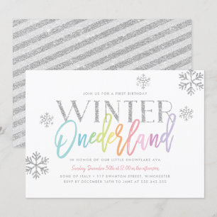 Winter ONEderland Rainbow Silver Glam 1:a födelsed Inbjudningar