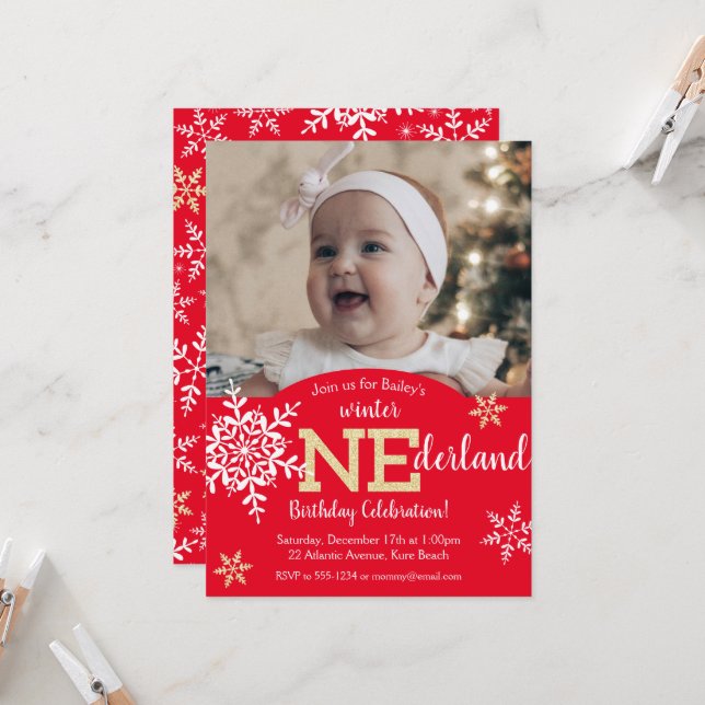 Winter ONEderland Red Guld Glitter 1:a födelsedag Inbjudningar (Fram/Back In Situ)