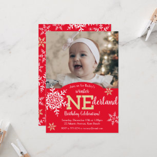 Winter ONEderland Red Guld Glitter 1:a födelsedag Inbjudningar