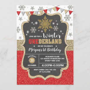 Winter Onederland Red Guld Snowflake 1:a födelseda Inbjudningar