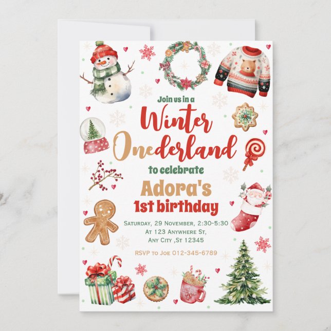 Winter ONEderland Red jul Birthday Inbjudan (Framsida)
