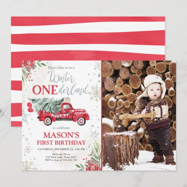 Winter Onederland Red Lastbil Boy First Birthday Inbjudningar (Fram/baksida)