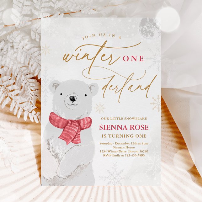 Winter Onederland Red Polar Bear Birthday Inbjudningar (Skapare uppladdad)