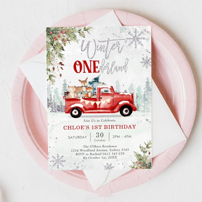 Winter ONEderland Red Truck 1st Birthday Inbjudningar (Skapare uppladdad)