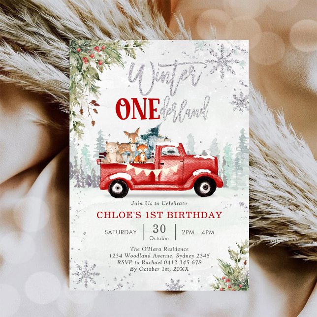 Winter ONEderland Red Truck Birthday Invitation Inbjudningar (Skapare uppladdad)