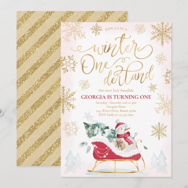 Winter ONEderland Red Winter Sleigh 1:a födelsedag Inbjudningar (Fram/baksida)