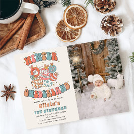 Winter ONEderland Retro-julfoto på födelsedagen Inbjudningar
