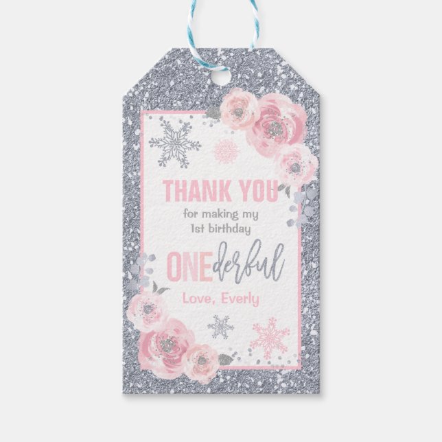 Winter ONEderland Rosa and Silver Birthday Favor Presentetikett (Framsidan)