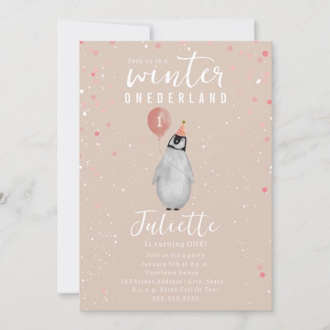 Winter Onederland Rosa Balloon Penguin Birthday Inbjudningar (Framsida)