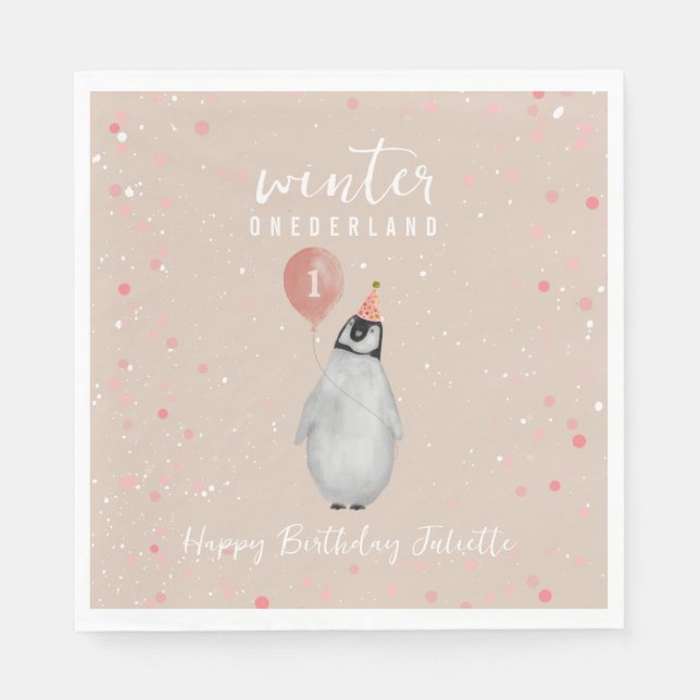 Winter Onederland Rosa Balloon Penguin Birthday Pappersservett (Framsidan)