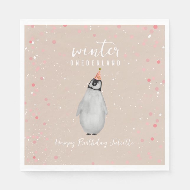 Winter Onederland Rosa Birthday Penguin Birthday Pappersservett (Framsidan)