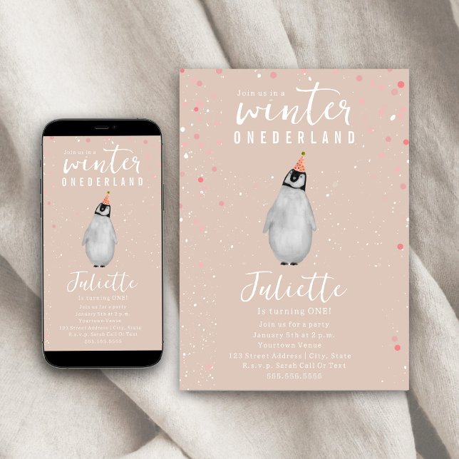 Winter Onederland Rosa Birthday Penguin Confetti Inbjudningar (Skapare uppladdad)